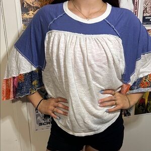 Free People Blue and White Raglan Sleeve Top